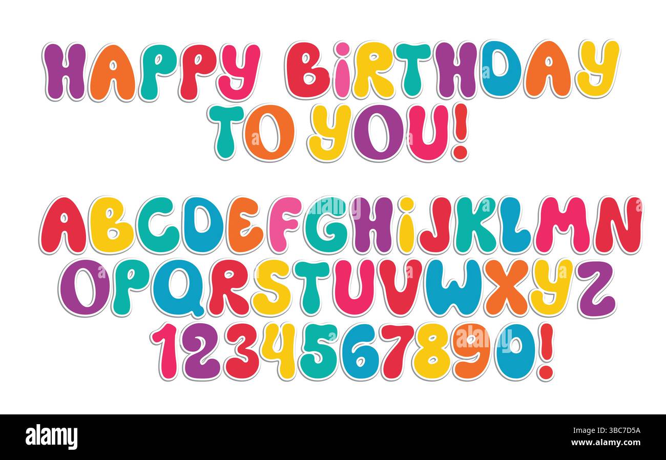 Buon compleanno, set di adesivi calligrafici. Buon compleanno con lettere, numeri e alfabeti in coloratissimi adesivi elemento grafico Illustrazione Vettoriale