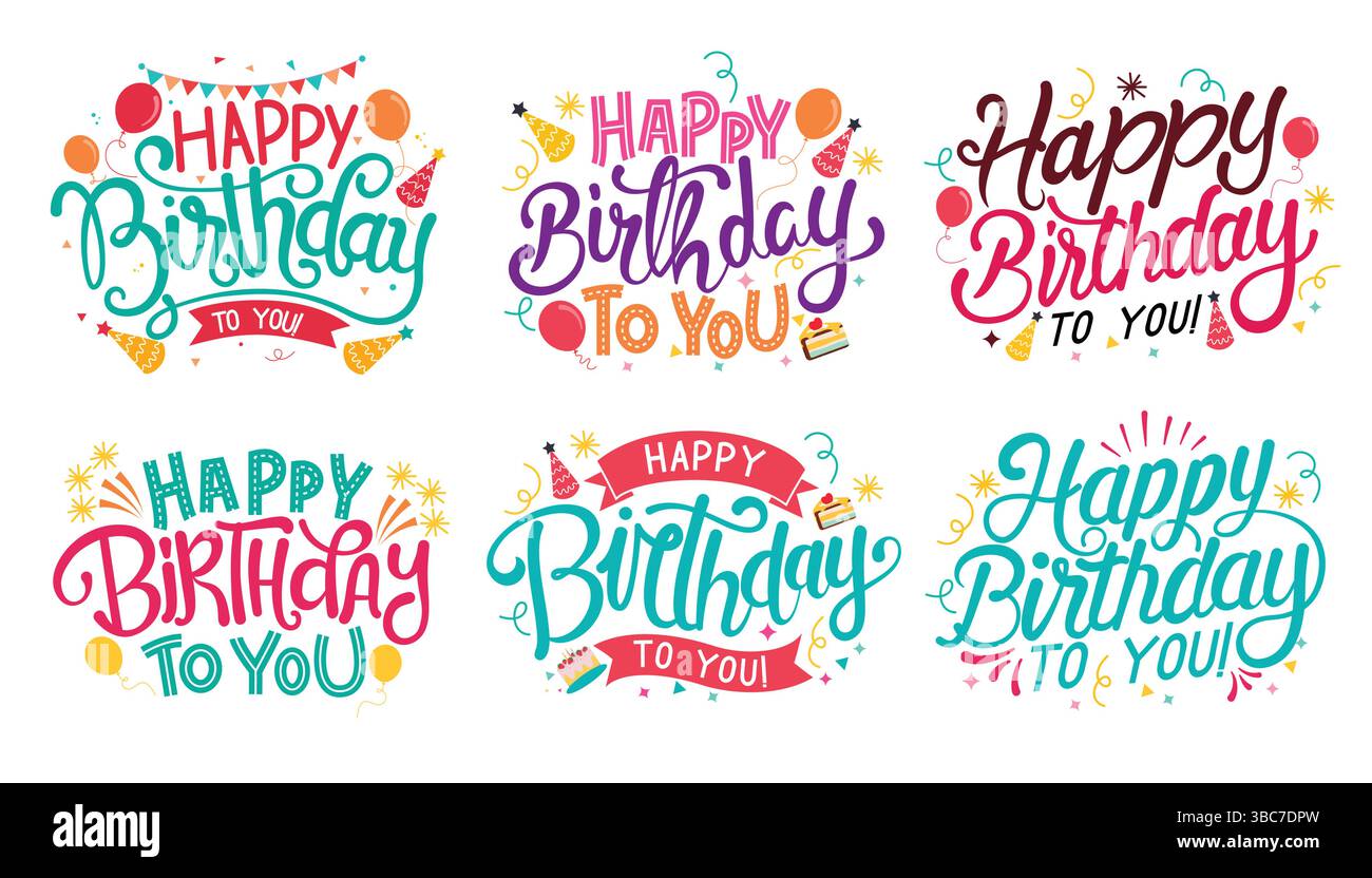 Buon compleanno coloratissimo set di clipart tipografici. Auguri di compleanno testo e calligrafia augura clip art in elementi grafici di carattere multicolore Illustrazione Vettoriale
