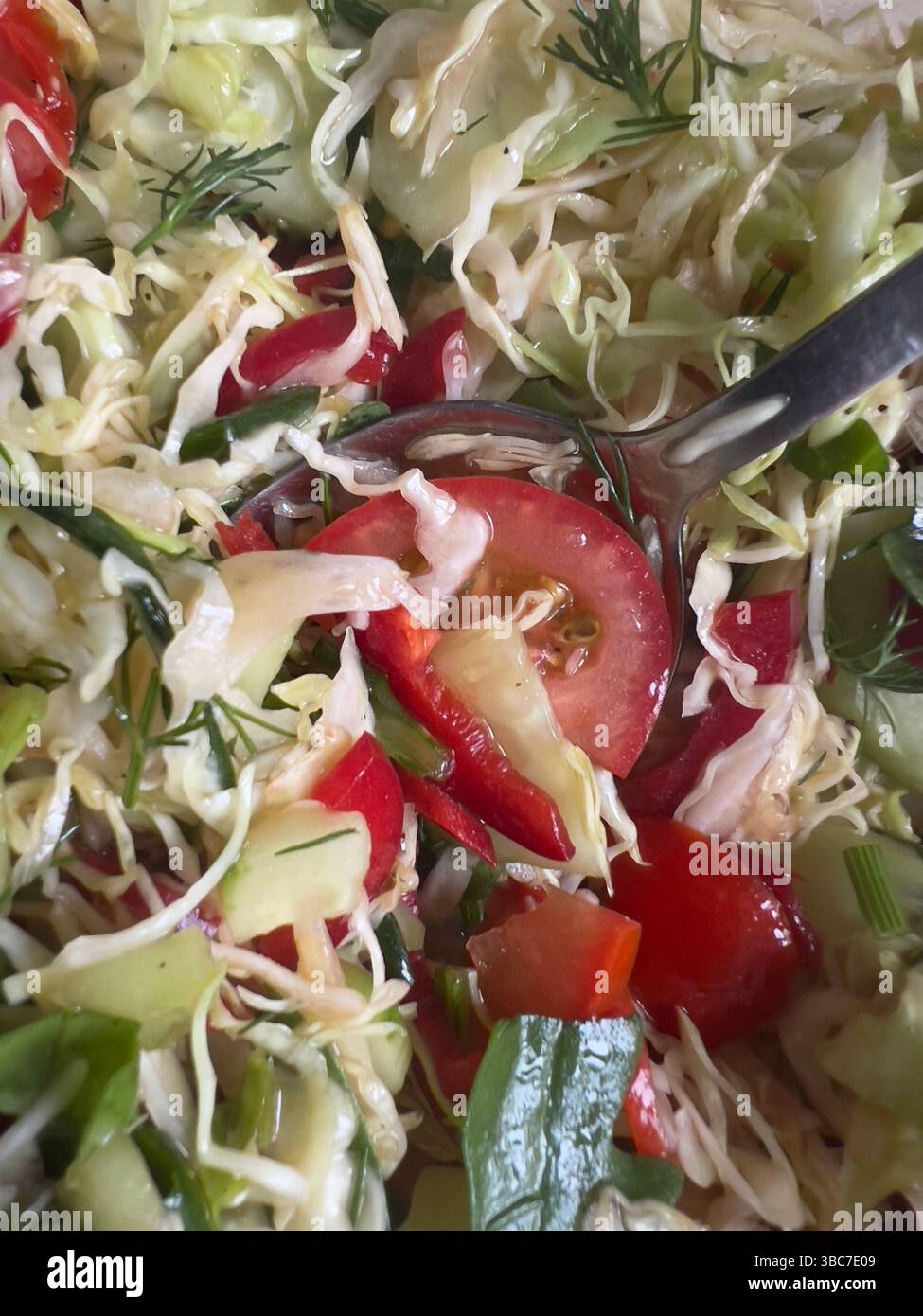 Insalata di verdure fresche, cavolo verde grattugiato, peperone rosso, pomodoro, cetriolo, e cipolle verdi. Colorato, sano - Immagine stock catturata con smartphone