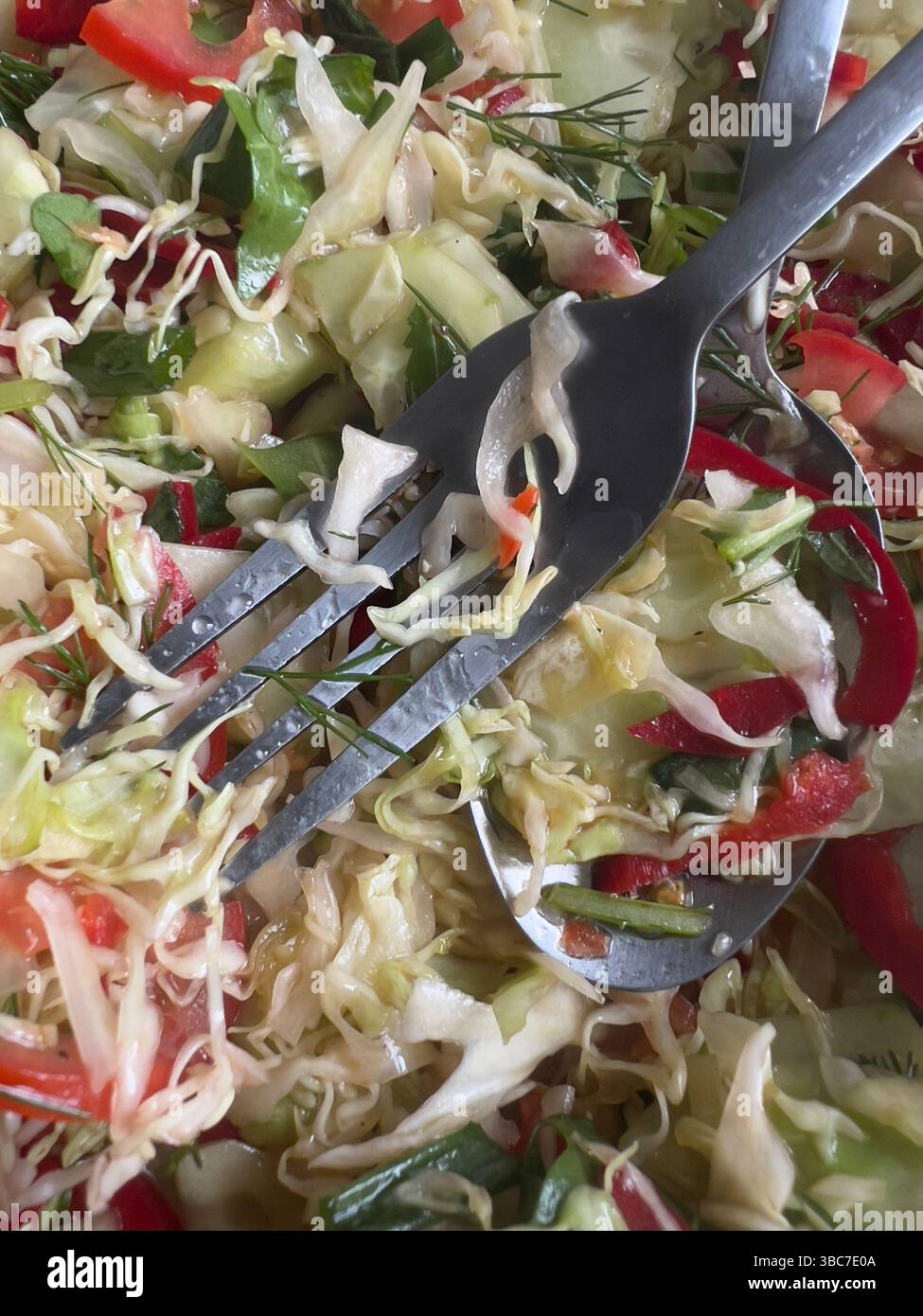Insalata di verdure fresche, cavolo verde grattugiato, peperone rosso, pomodoro, cetriolo, e cipolle verdi. Colorato, sano - Immagine stock catturata con smartphone