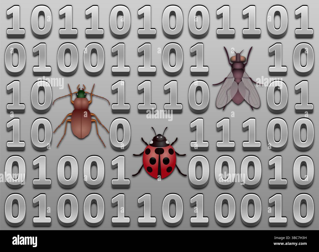 Bug software – errori dei dati del computer. Codice binario con bug. Concetto di file danneggiato. Foto Stock