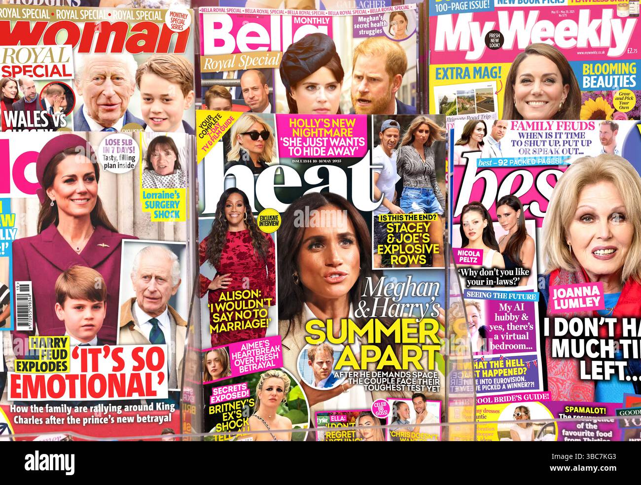 Titoli di notizie della famiglia reale - copertura mediatica su membri della famiglia reale britannica come la principessa Kate Middleton, Meghan Markle, re Carlo, principe Giorgio Foto Stock