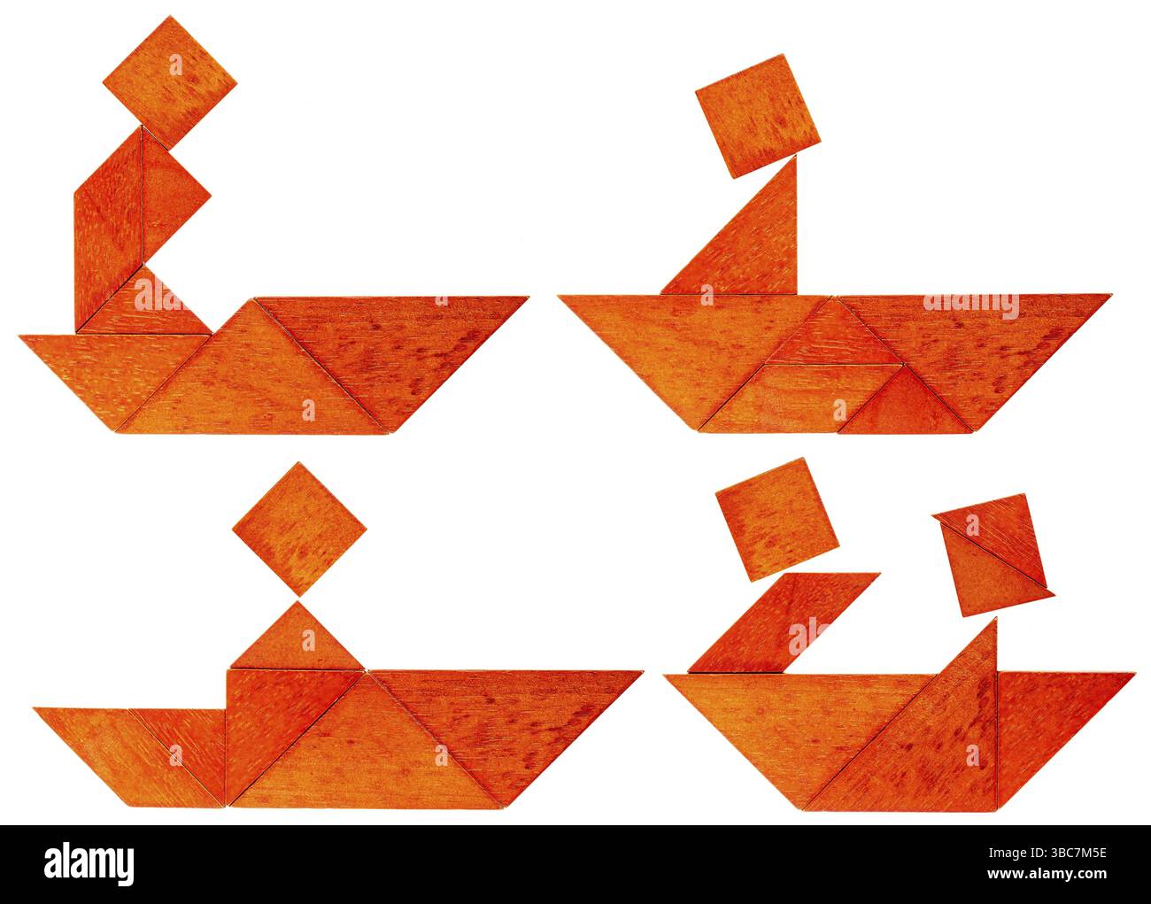 Quattro immagini astratte di un pescatore, un pagaiatore o un vogatore in una barca costruita con sette pezzi di legno di tangram, un tradizionale gioco di puzzle cinese Foto Stock