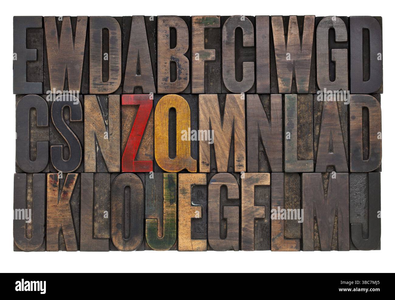 Lettere casuali di alfabeto astratto - blocchi di stampa in legno vintage con inchiostro patina Foto Stock