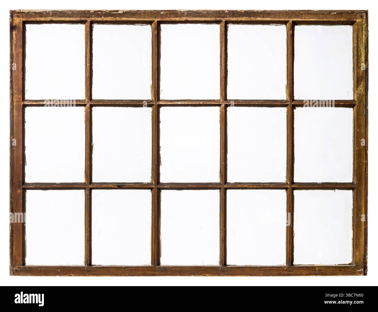 Pannello d'epoca, grunge, vetrata con vetro sporco (15 pannelli), isolato su bianco Foto Stock