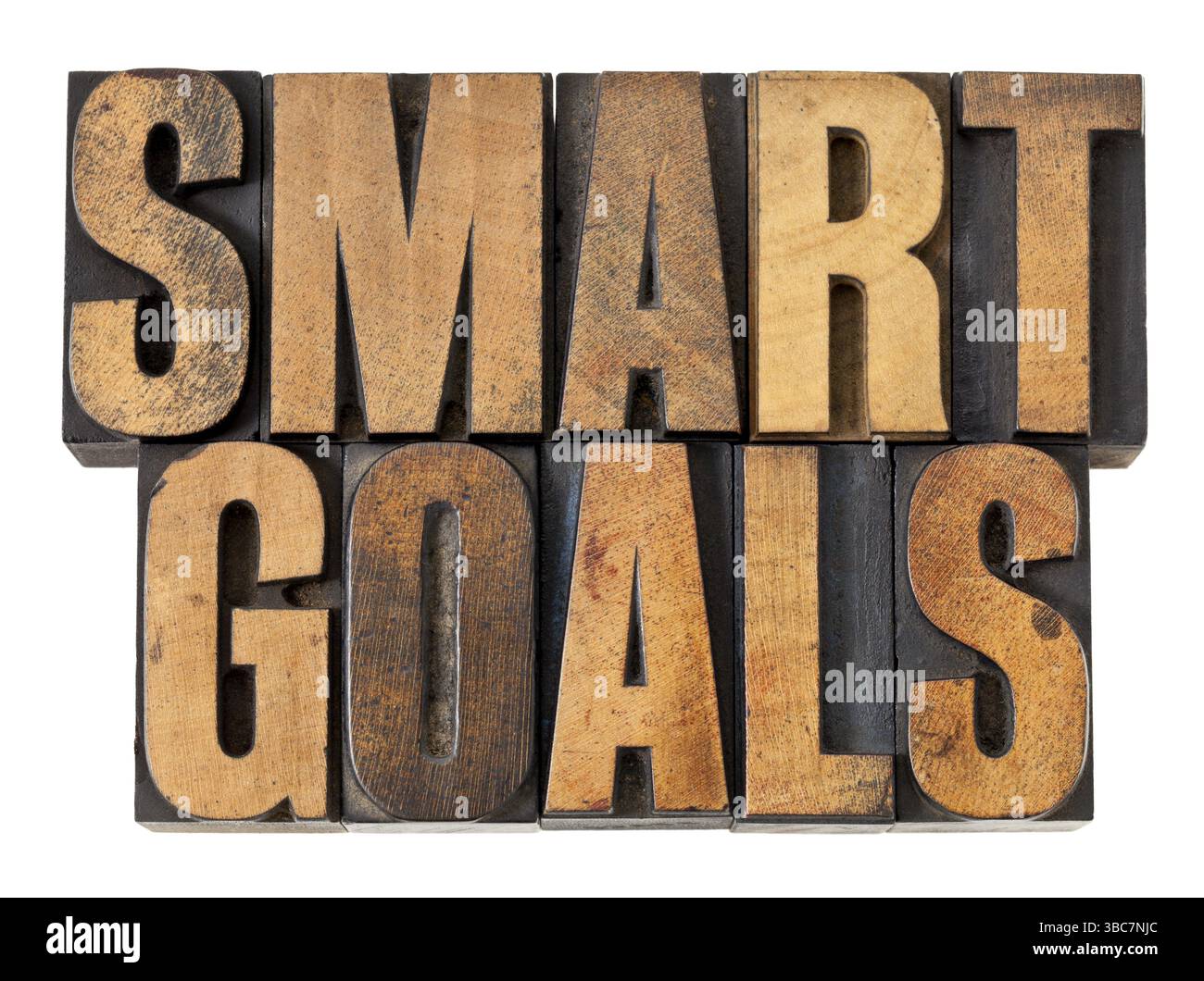 Gli obiettivi SMART frase - testo isolato in rilievografia vintage tipo legno Foto Stock