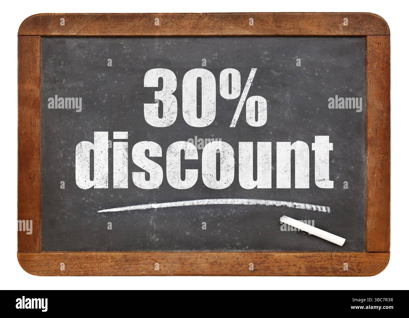 Insegna dello sconto del 30% - testo bianco in gesso su una lavagna in ardesia d'epoca isolata Foto Stock