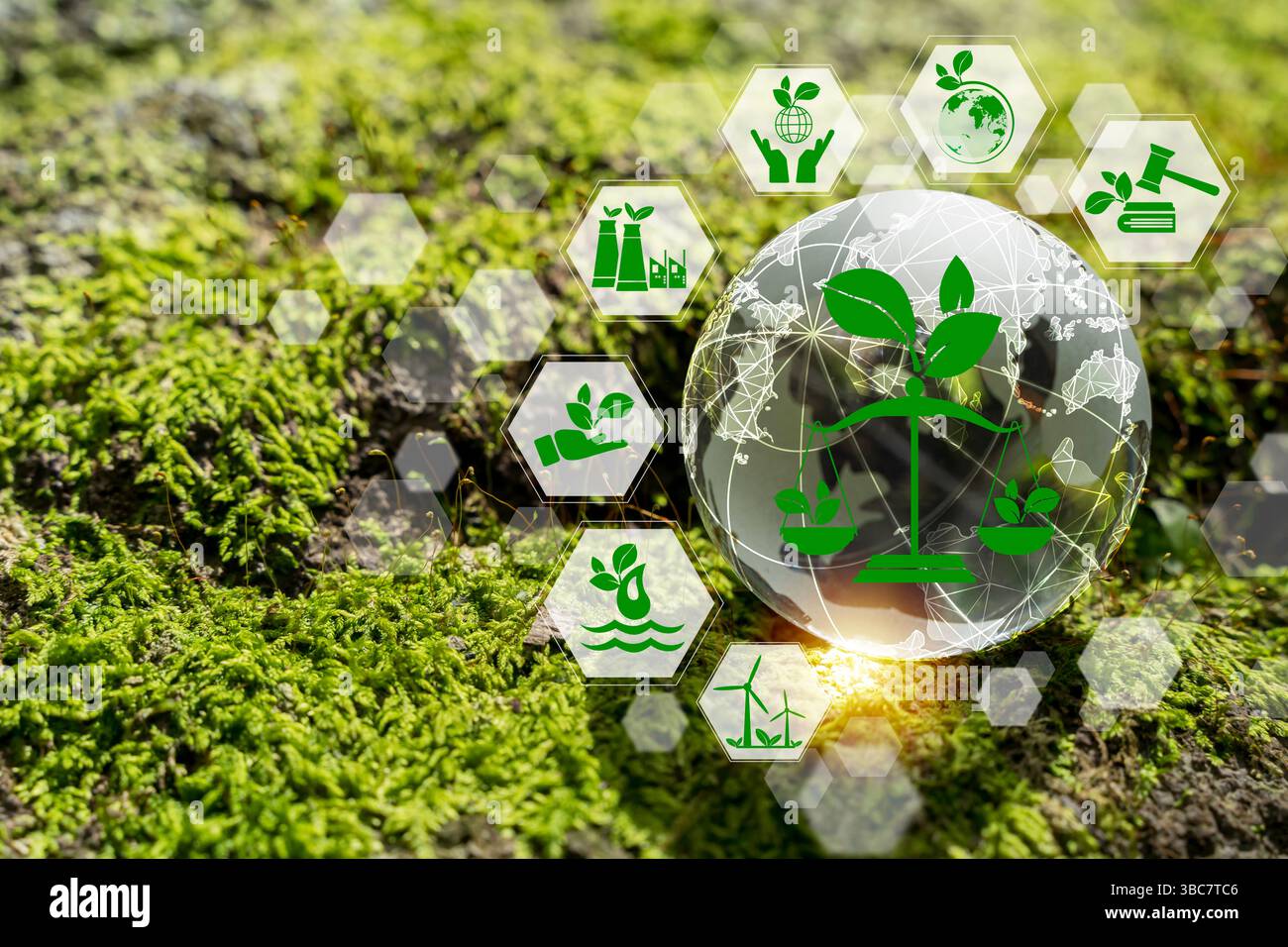 Concetto di sviluppo ecosostenibile e sostenibile con icone verdi che rappresentano le energie rinnovabili, l'industria pulita, la protezione dell'ambiente su g digitali Foto Stock