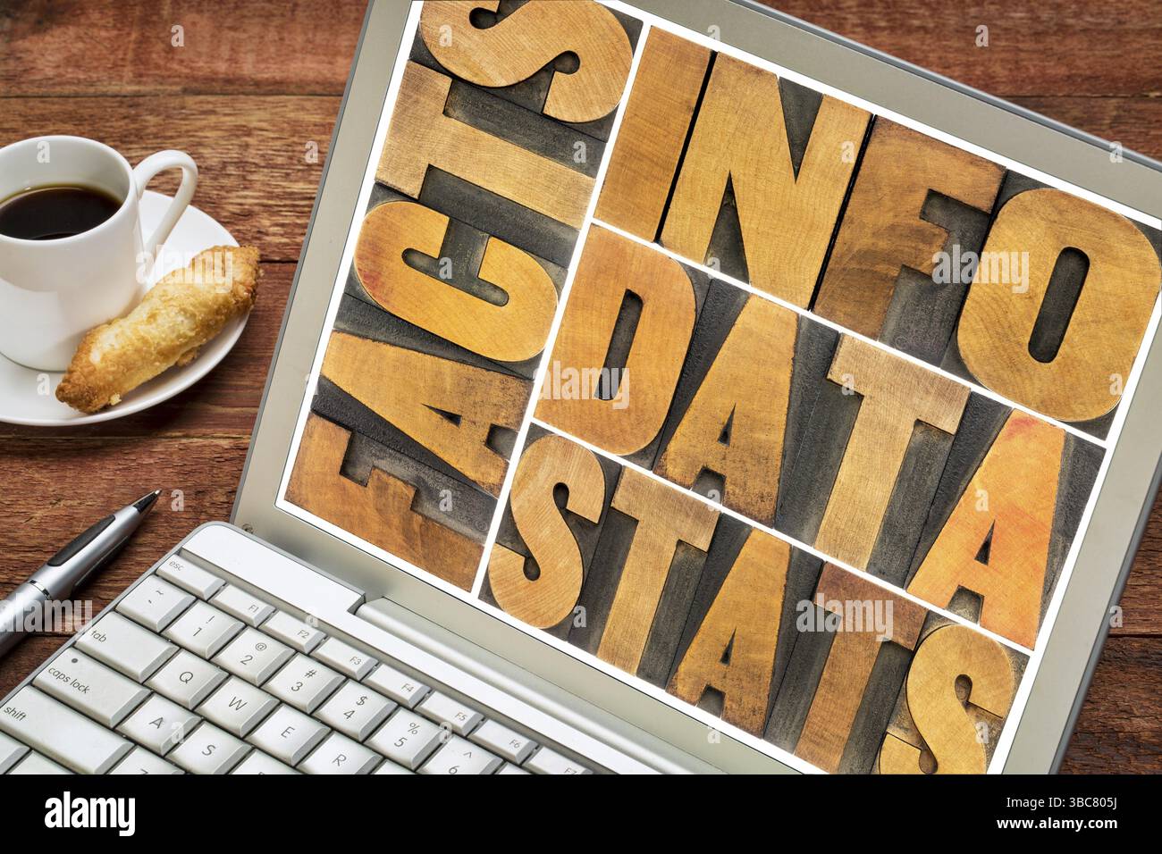 Informazioni, dati, fatti, statistiche astratte in blocchi di stampa in legno di tipografia vintage su uno schermo di un laptop Foto Stock