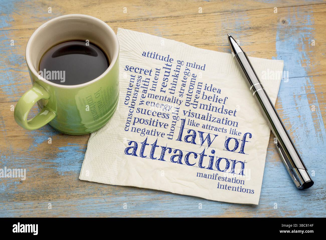 Legge di attrazione parola nuvola su un tovagliolo con una tazza di caffè Foto Stock