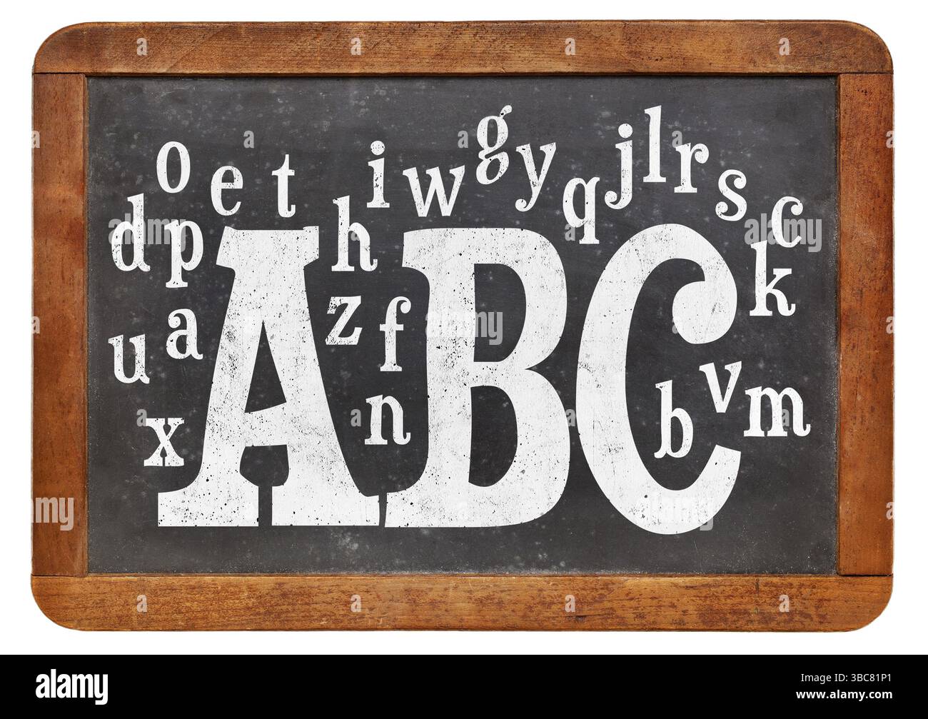 ABC e lettere casuali di alphabet su un vintage lavagna ardesia isolato su bianco Foto Stock