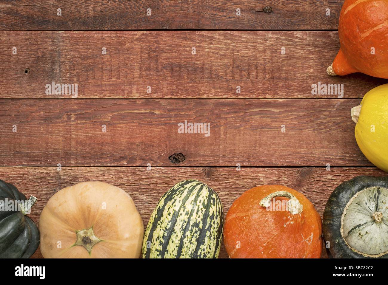 Fondo in legno di fienile rosso con incorniciato da una varietà di frutti di zucca invernali Foto Stock