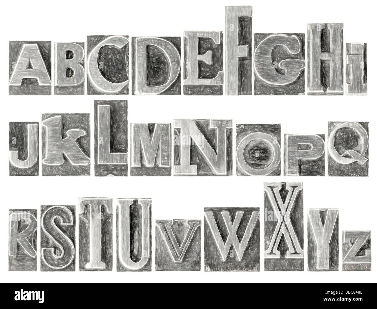 Set di alfabeti inglesi - un collage di 26 lettere isolate in blocchi di stampa di tipo metallico letterpress, una varietà di font misti con un pa a carbone digitale Foto Stock