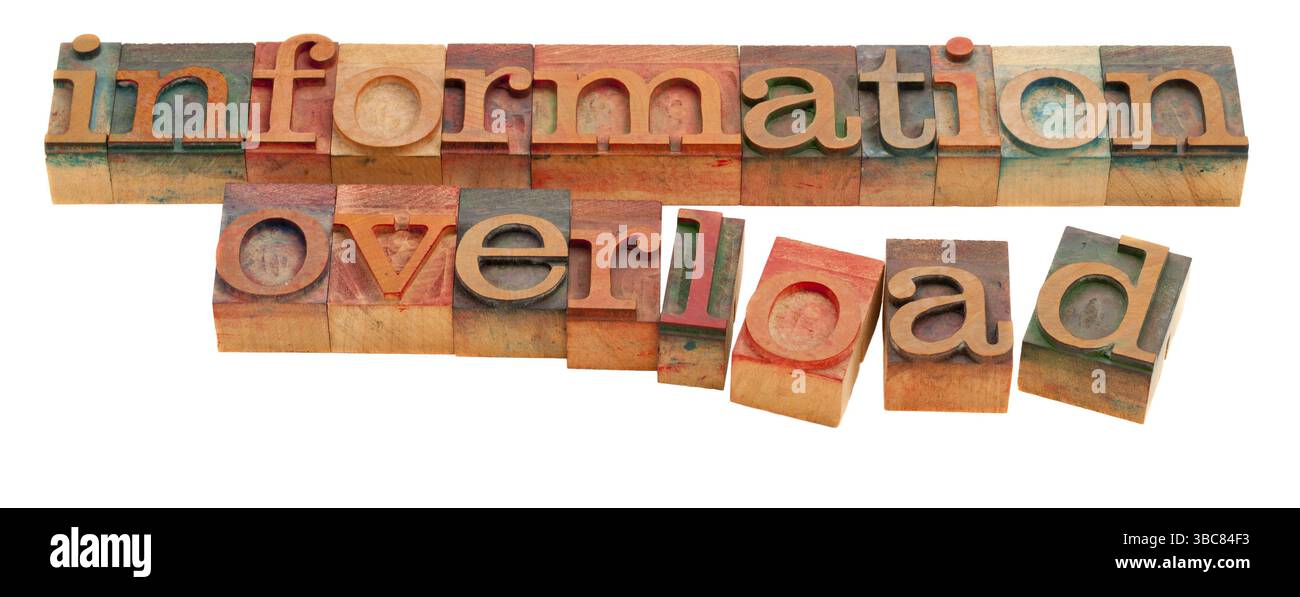 Concetto di sovraccarico di informazioni o informazioni eccessivo - parole in stile letterpress in legno vintage isolate su bianco Foto Stock