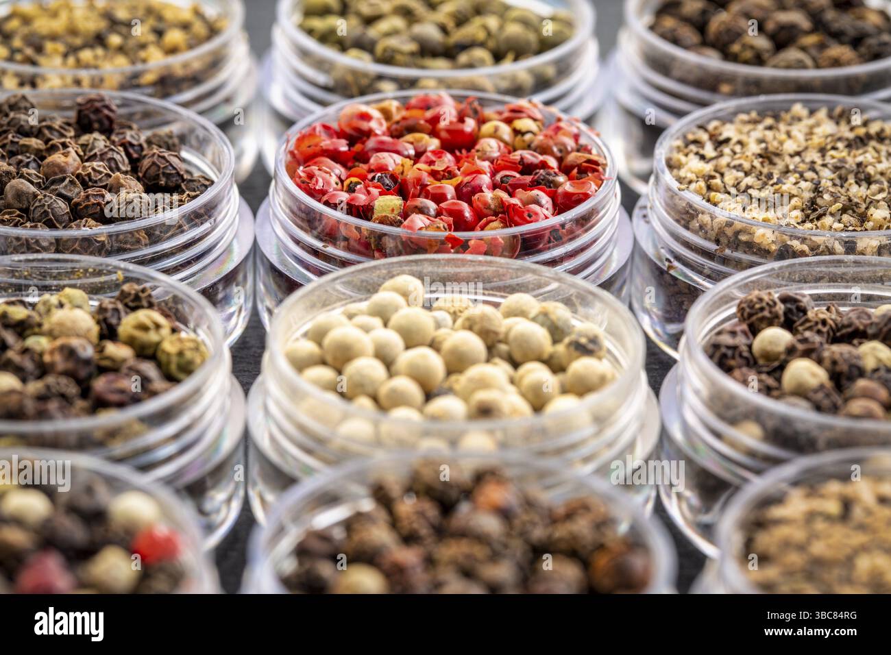 Set di campioni colorati di pepe granturco con un focus selezionato Foto Stock