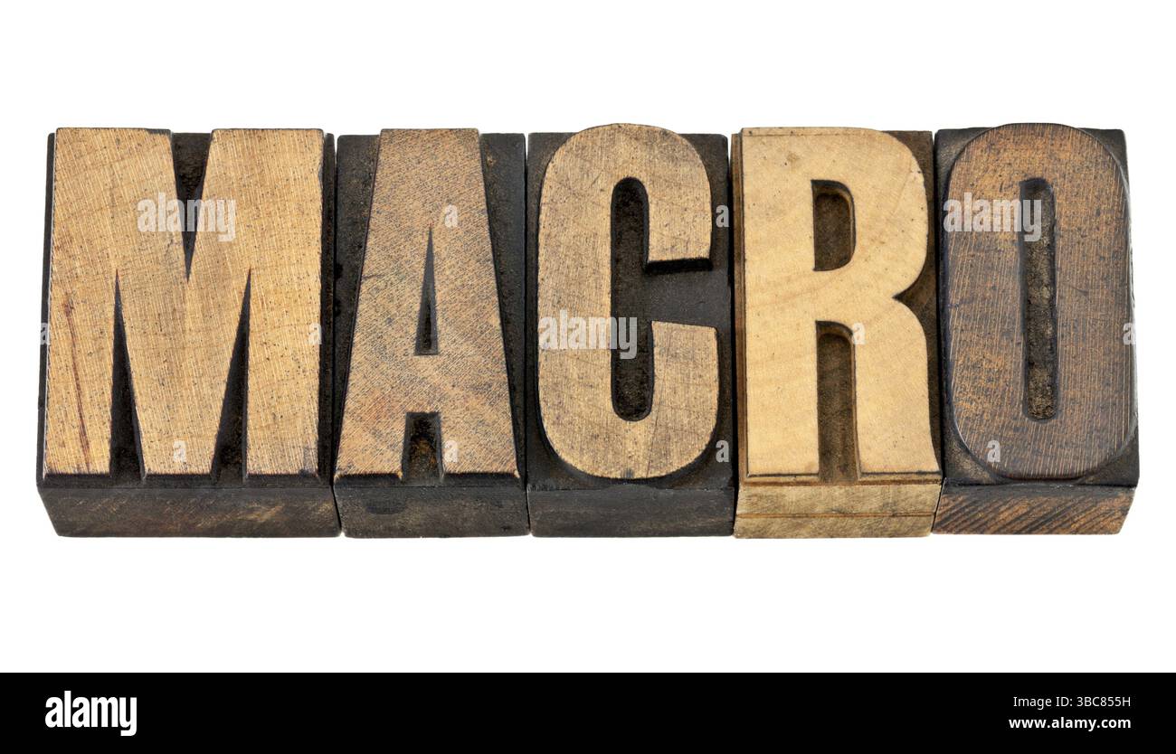 Macro Word - un concetto molto ampio - testo isolato in legno di stampa letteraria vintage Foto Stock