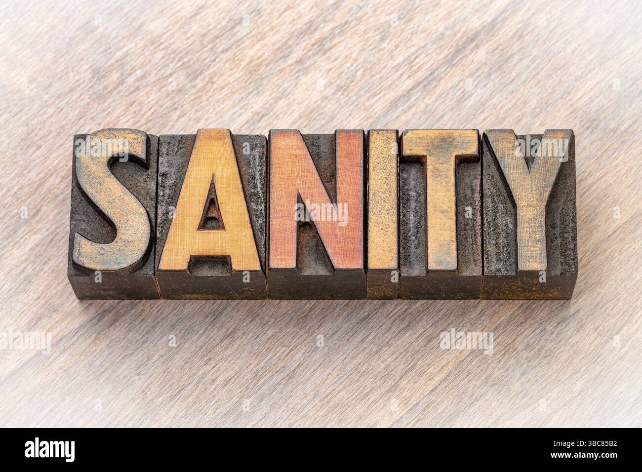 Sanity - parola astratta nei blocchi di stampa in legno di lettepress vintage Foto Stock