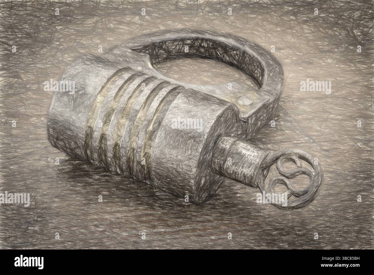 Lucchetto in ferro a vite vintage di tipo rotondo lavorato a mano con chiave su legno rustico, effetto pittura digitale a carbone Foto Stock