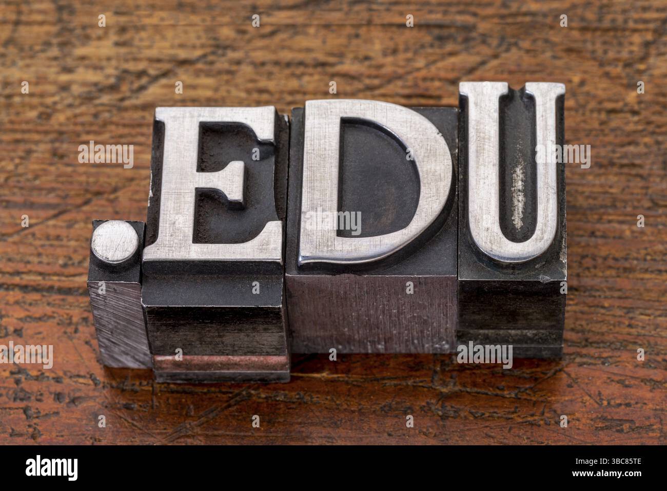 Dominio Internet didattico - dot edu in blocchi di stampa misti in metallo vintage su legno grunge Foto Stock