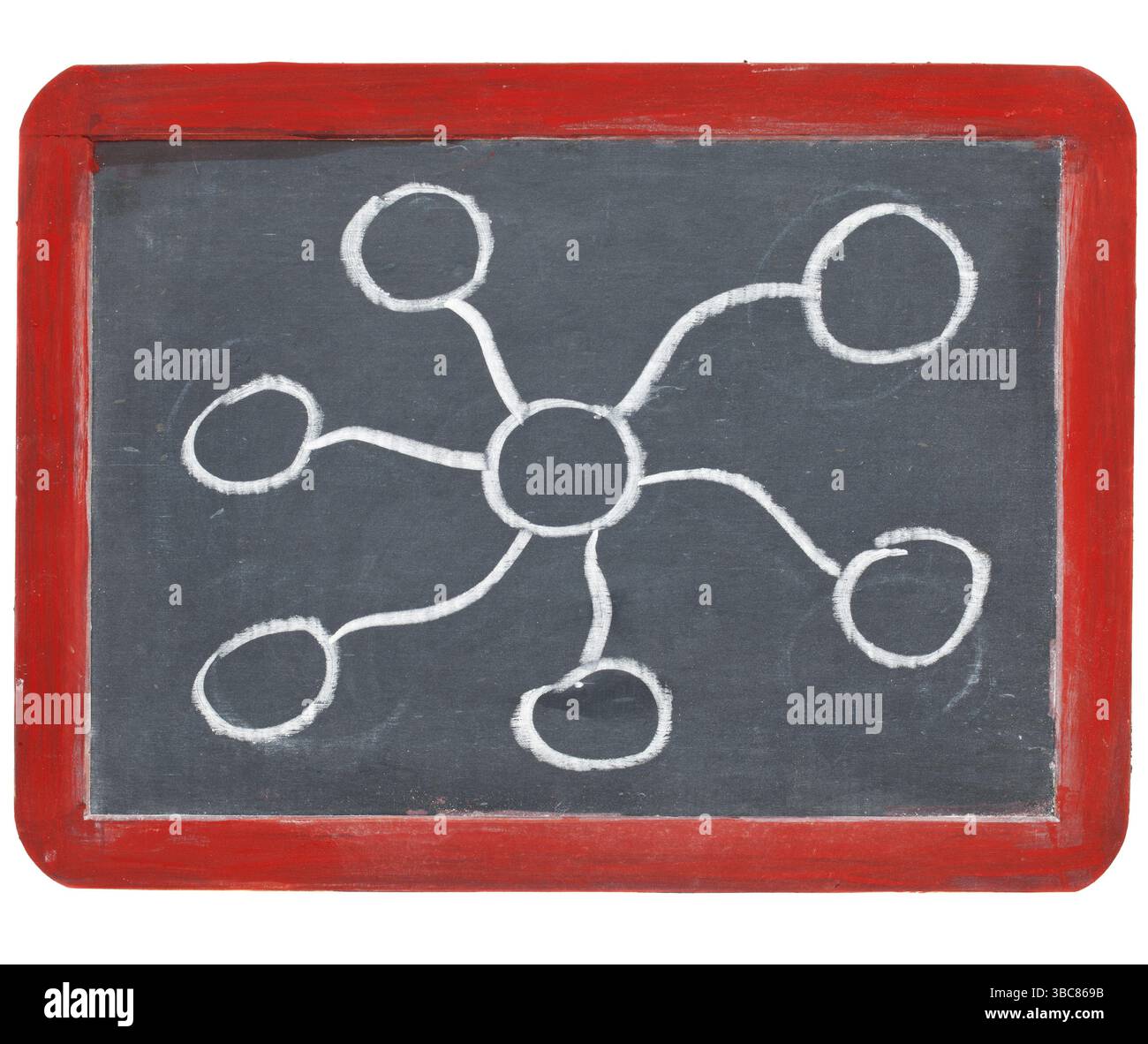 Rete, diagramma o diagramma astratti vuoti disegnati con gesso bianco su una piccola lavagna di ardesia Foto Stock