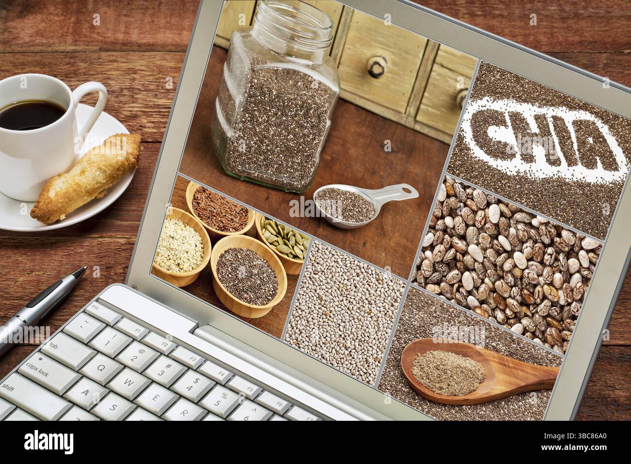 Revisione di immagini di semi di chia sani - collage di immagini sul computer portatile con una tazza di caffè Foto Stock