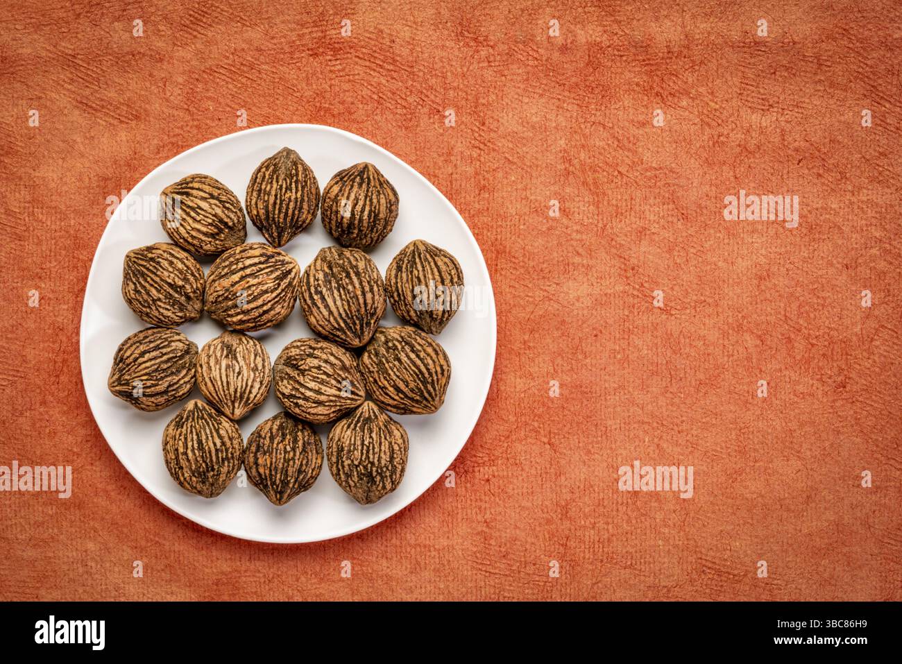 Noci nere su un piatto bianco su sfondo arancione con uno spazio di copia Foto Stock