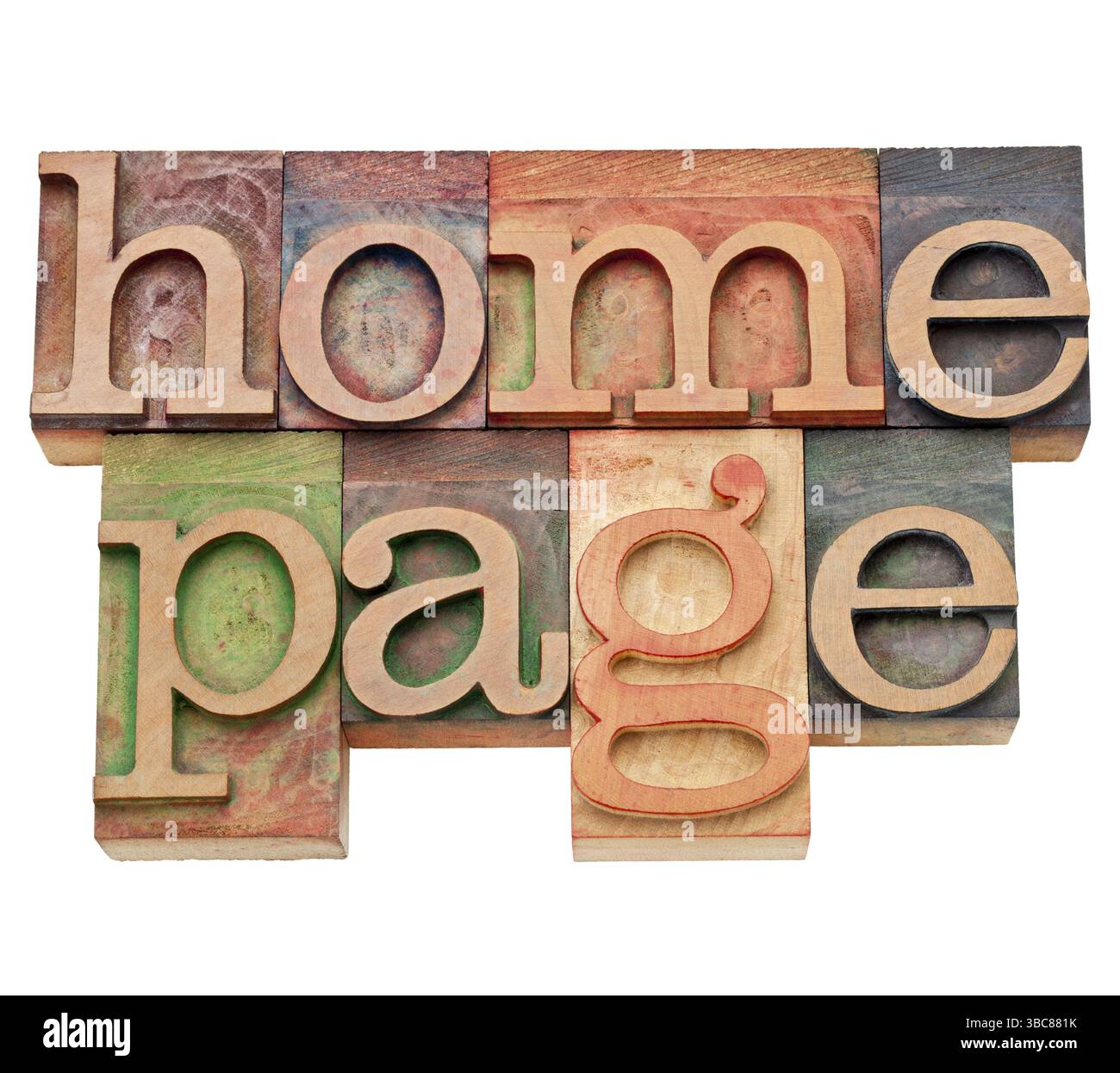 Home page - Internet Concept - testo isolato in legno d'epoca, macchiato da inchiostri colorati Foto Stock