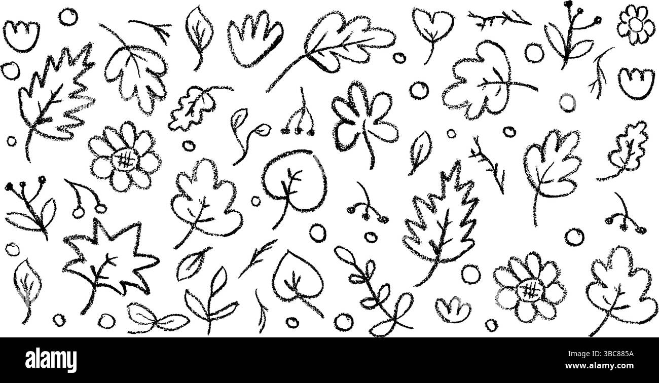 Pastello nero, vettoriale autunnale con foglie, frutti di bosco e gocce di pioggia su lavagna bianca, perfetto per i bambini, l'artigianato dell'asilo e il ritorno a scuola Illustrazione Vettoriale