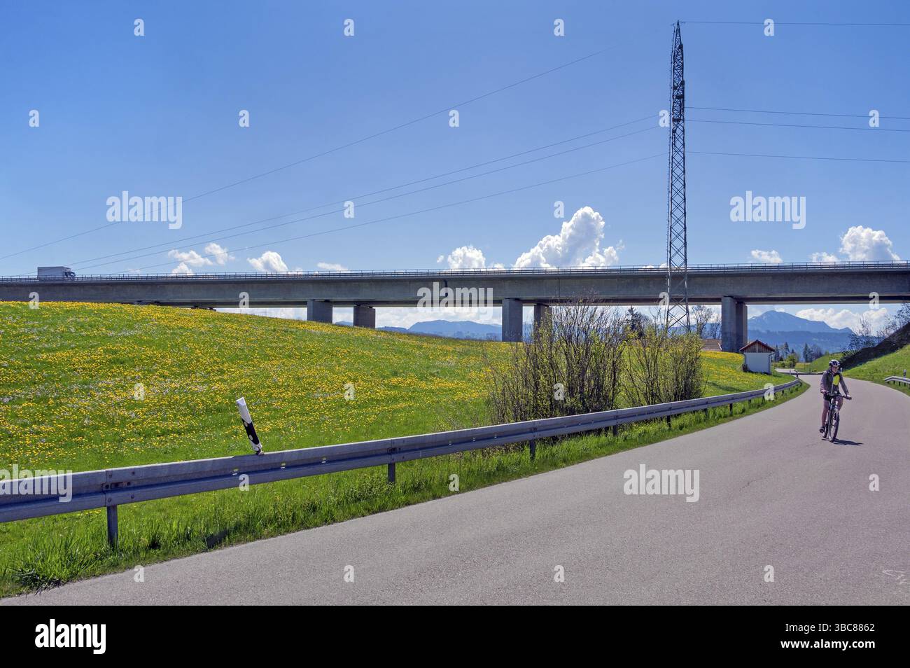 Prato primaverile con fiori di dente di leone, strada di campagna e ponte autostradale presso la zona commerciale Sulzberg sull'Iller, Allgaeu, Svevia, Baviera, Germania, Foto Stock