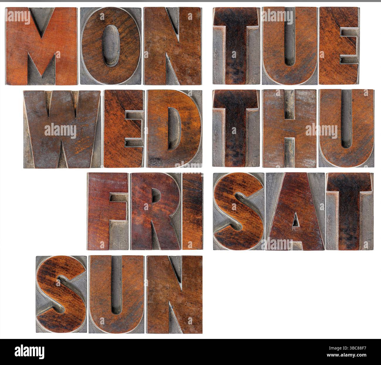 7 giorni della settimana (prime 3 lettere) - testo isolato in blocchi di stampa in legno vintage Foto Stock
