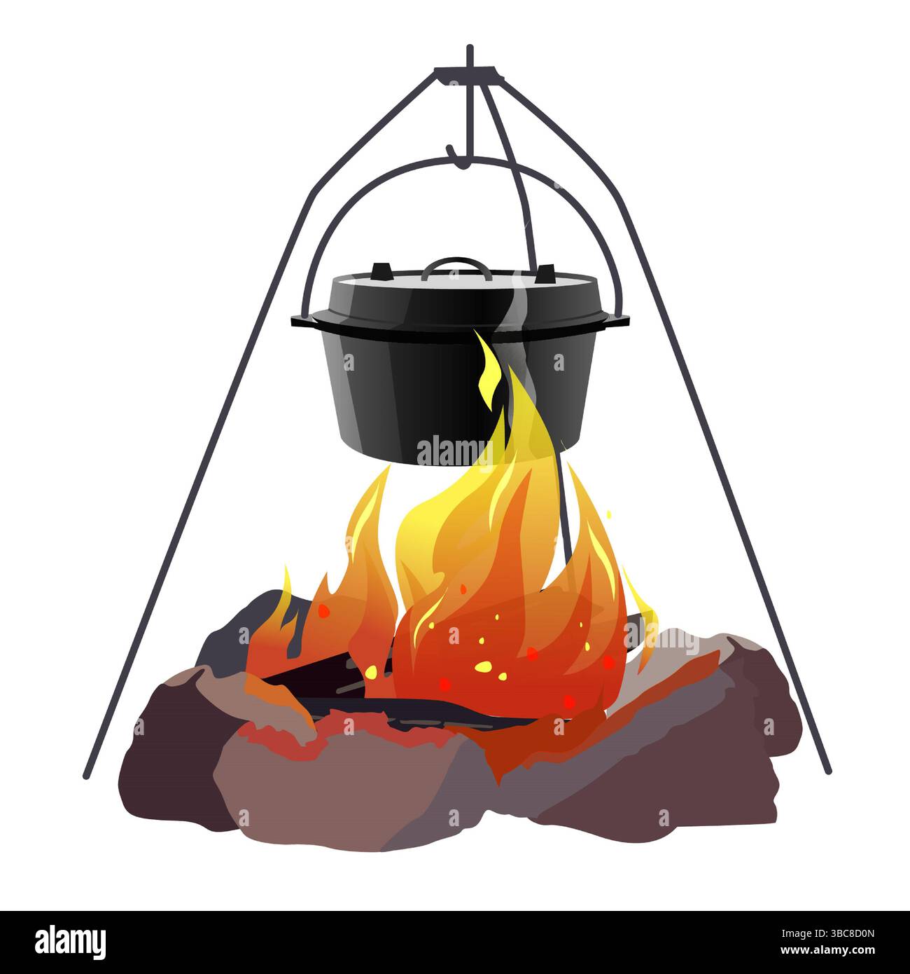 Cucinare sopra un fuoco aperto usando una pentola sospesa su un cavalletto Foto Stock