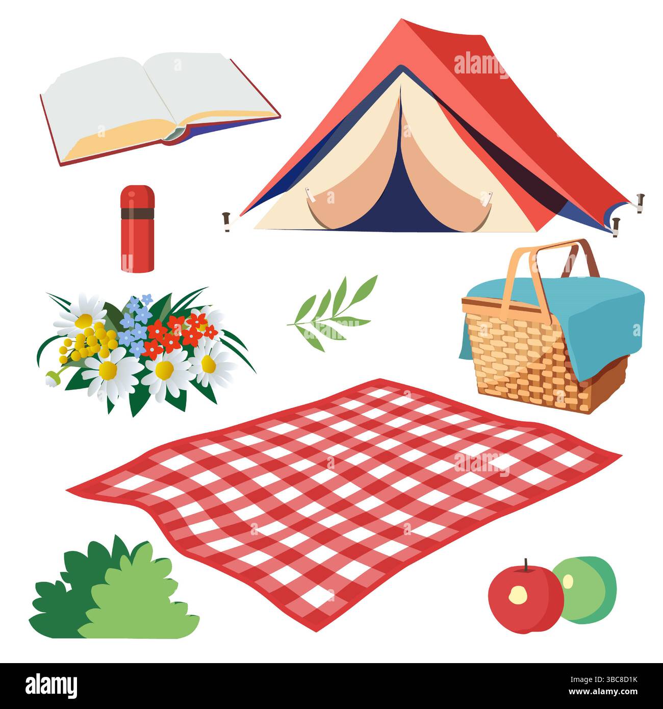 Campeggio con tenda rossa, cestino da picnic e fiori in un'area all'aperto soleggiata Foto Stock