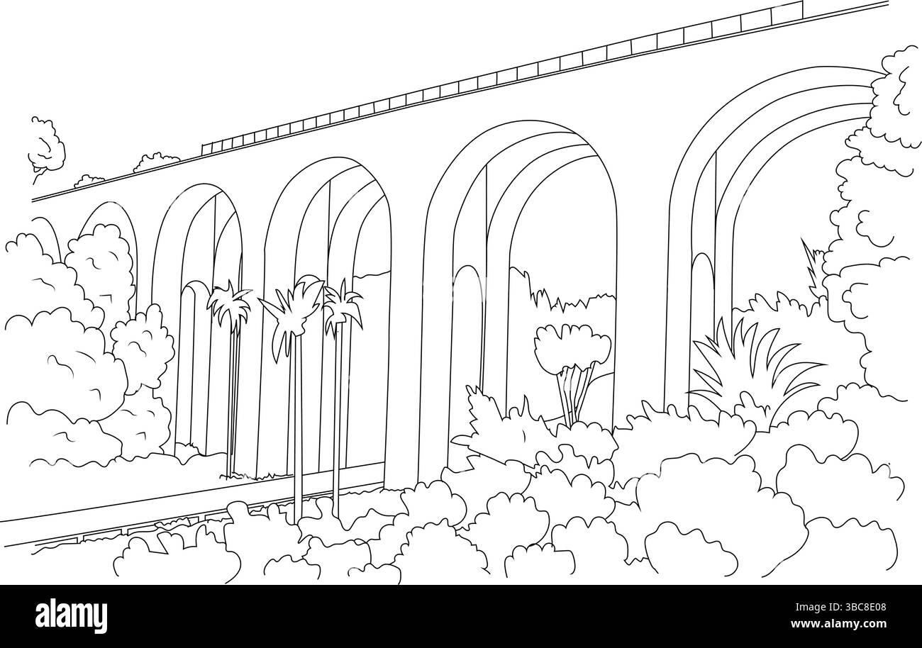 Illustrazione in bianco e nero raffigurante l'iconico Cabrillo Bridge, un monumento storico circondato da vegetazione lussureggiante e alberi in California. Illustrazione Vettoriale