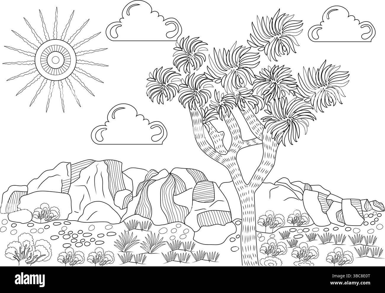 Illustrazione in linea bianca e nera che raffigura una classica scena del parco nazionale di Joshua Tree con un albero di Joshua, grandi formazioni rocciose, piante del deserto, su Illustrazione Vettoriale