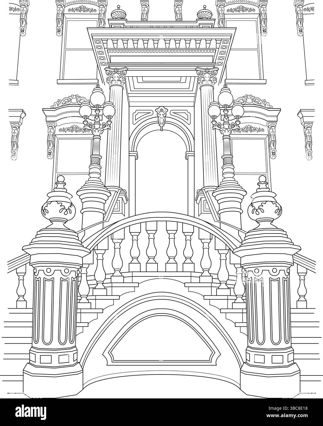 Disegni dettagliati in bianco e nero di un grande ingresso architettonico, probabilmente dal Leland Stanford Mansion State Historic Park in California Illustrazione Vettoriale