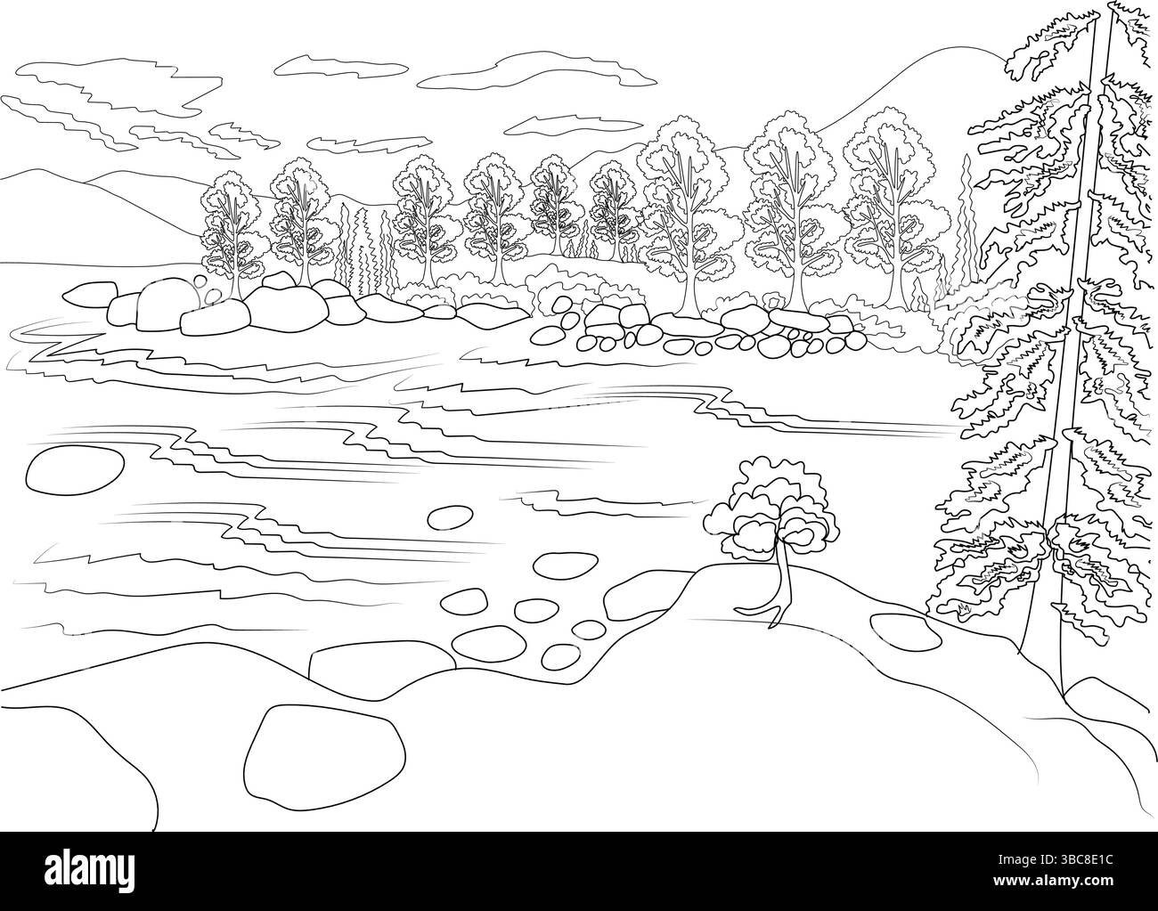Semplice illustrazione in bianco e nero che raffigura una tranquilla scena paesaggistica che ricorda il lago Tahoe, California, con un corpo d'acqua e roccia Illustrazione Vettoriale Semplice illustrazione in bianco e nero che raffigura una tranquilla scena paesaggistica che ricorda il lago Tahoe, California, con un corpo d'acqua e roccia Illustrazione Vettoriale