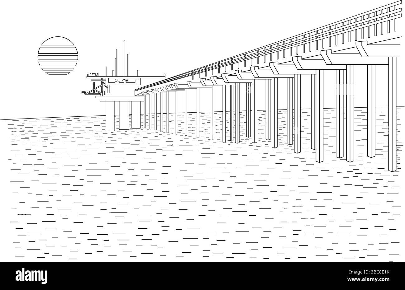 Un semplice disegno in bianco e nero che illustra l'iconico Scripps Pier a la Jolla, California, con un sole o una luna stilizzati all'orizzonte e c Illustrazione Vettoriale