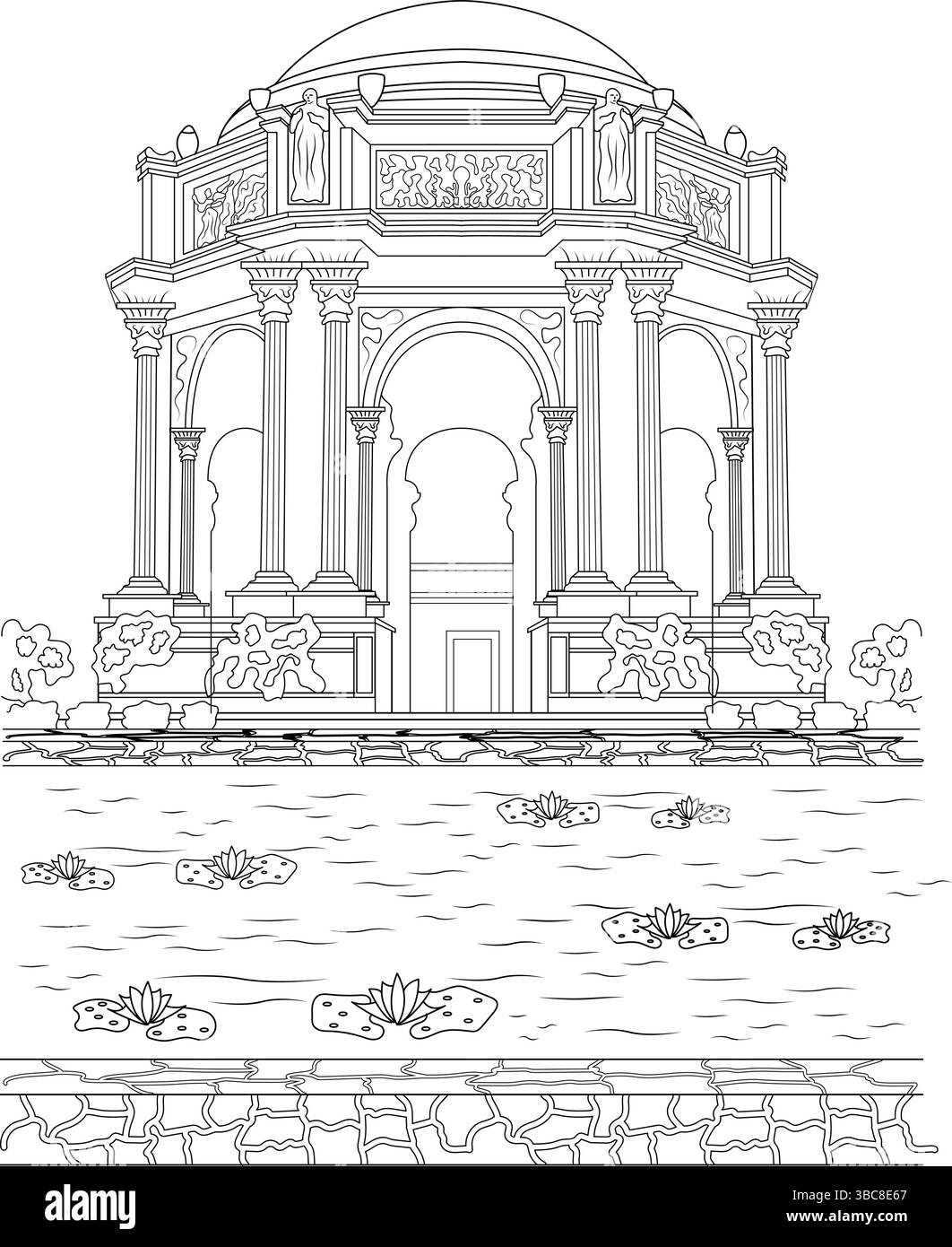 Linee in bianco e nero raffiguranti l'iconico Palazzo delle Belle Arti di San Francisco, California, con la classica rotonda, il colonnato, Illustrazione Vettoriale