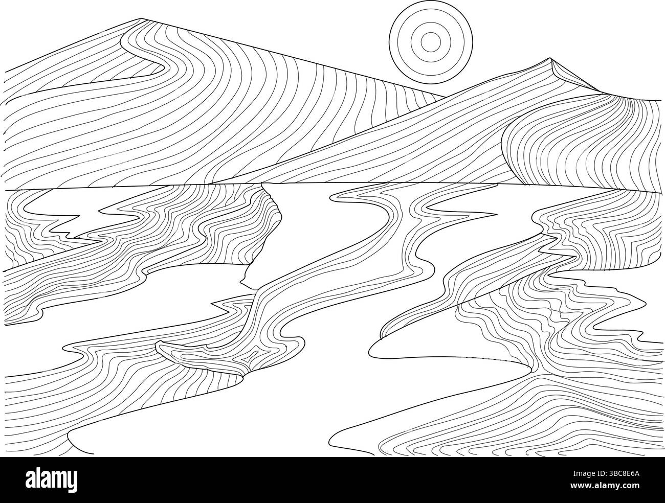 Illustrazione in bianco e nero che cattura la bellezza unica di un paesaggio desertico, che ricorda il Death Valley National Park, California. Featur Illustrazione Vettoriale