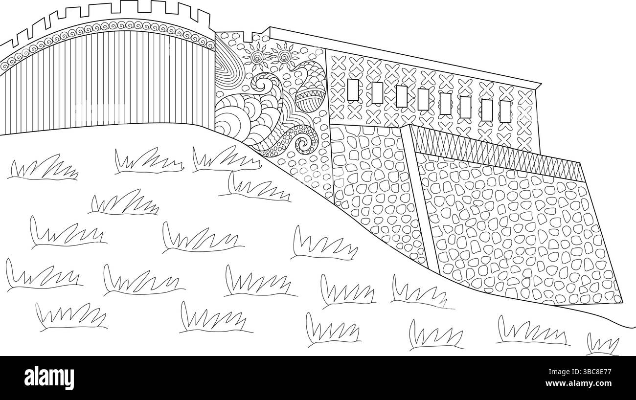 Illustrazioni dettagliate in bianco e nero di un muro del castello stilizzato su una collina erbosa, caratterizzato da motivi intricati ed elementi di design. Ideale per Illustrazione Vettoriale