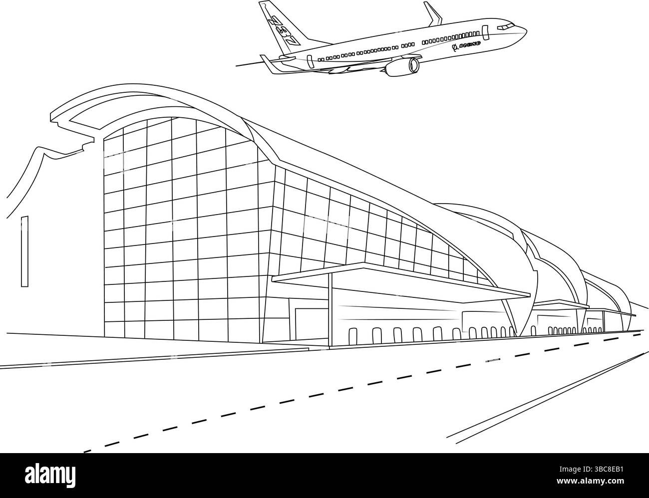 Un semplice disegno in bianco e nero che raffigura il moderno terminal dell'Aeroporto Internazionale Mineta San Jose in California, con un passeggero Illustrazione Vettoriale