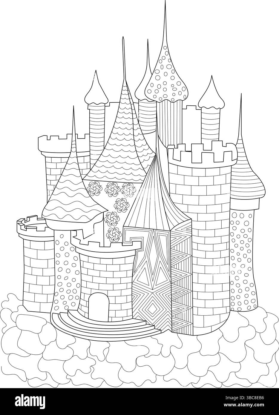 Intricata illustrazione in bianco e nero di un castello fantasioso, perfetto per colorare libri, attività per bambini o design decorativo Illustrazione Vettoriale