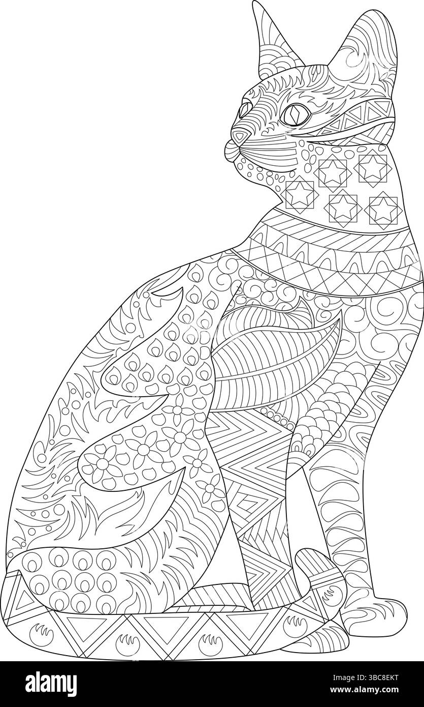Illustrazione dettagliata di un gatto seduto pieno di intricati motivi astratti e disegni, adatta per colorare pagine o opere d'arte decorative Illustrazione Vettoriale