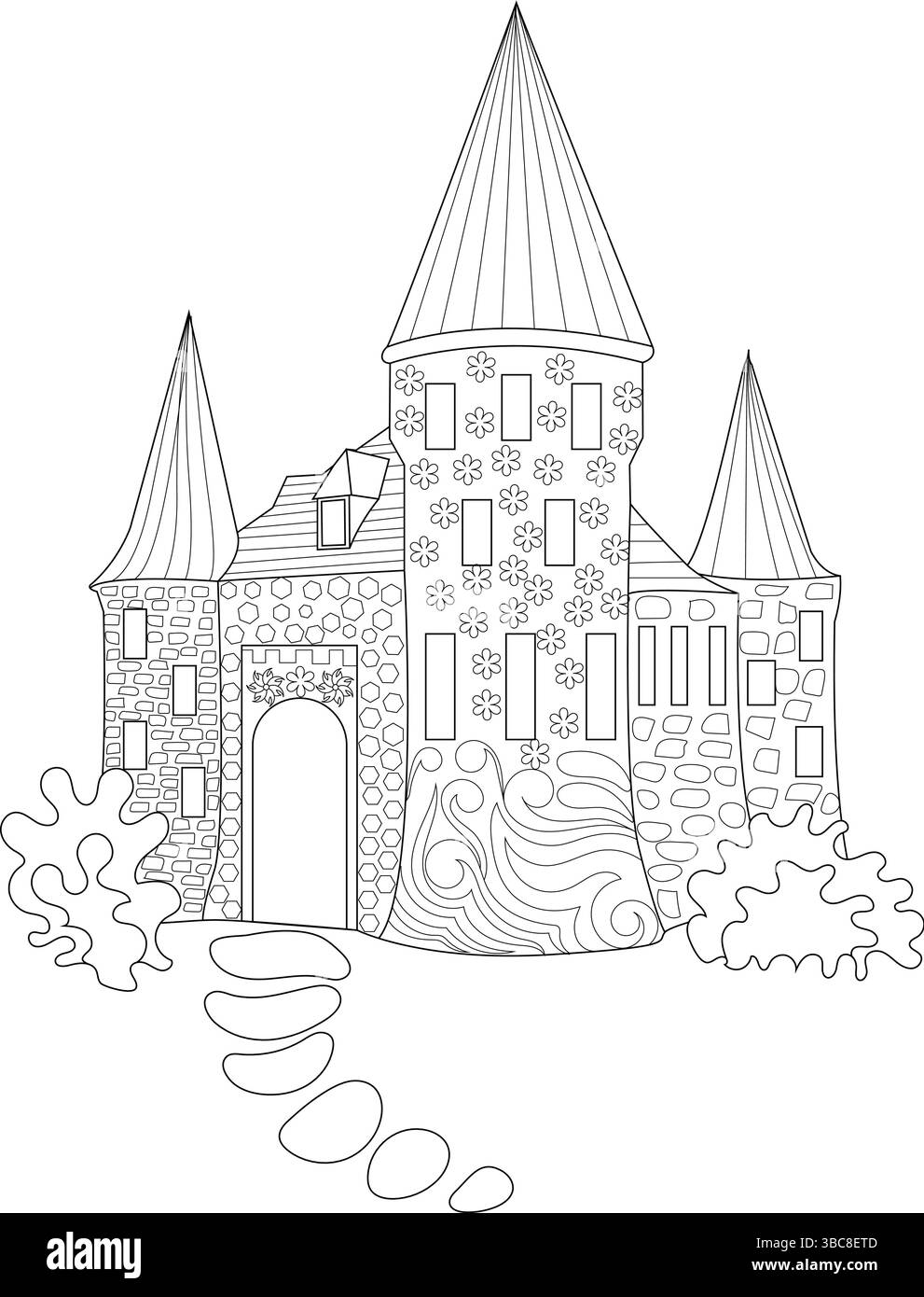 Semplice disegno in bianco e nero di un castello fantastico con dettagli ornati, torri, finestre e un sentiero che conduce all'ingresso. Perfetto per la colorazione Illustrazione Vettoriale