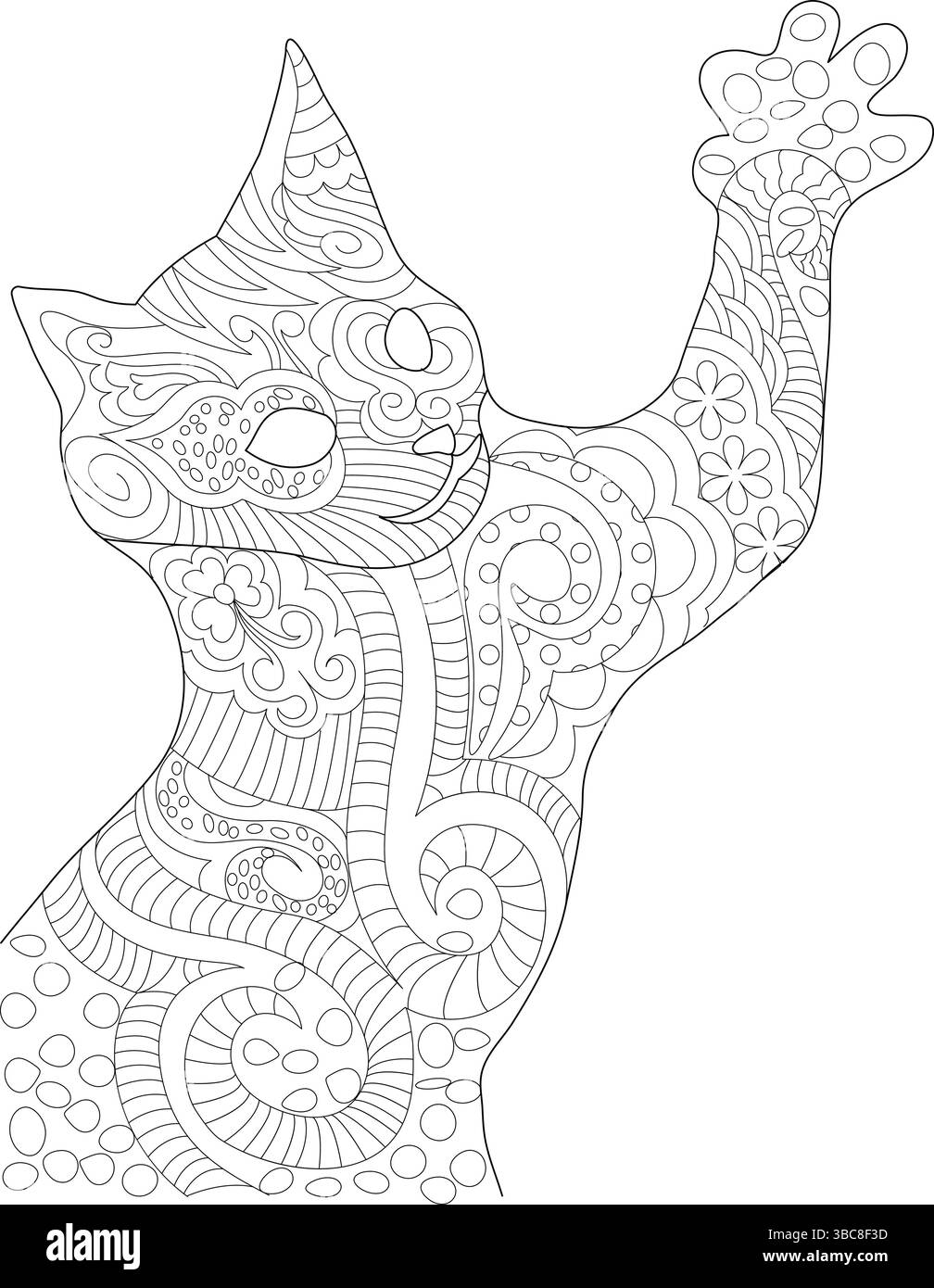 Illustrazione dettagliata in bianco e nero di un gatto in piedi sulle gambe posteriori con una zampa sollevata, piena di intricato, decorativo, stile zentangle Illustrazione Vettoriale