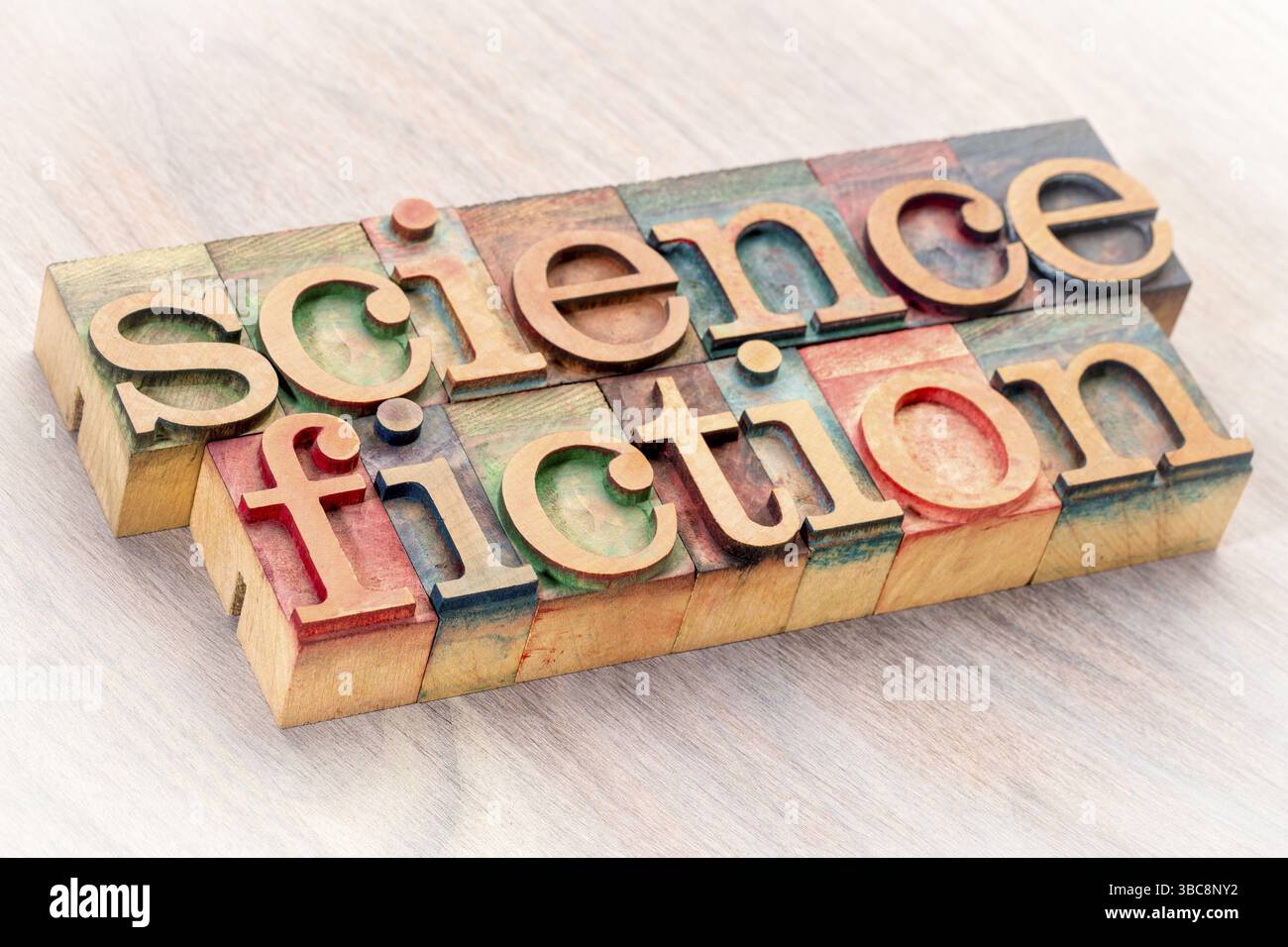 Parola fantascientifica astratta in blocchi di stampa in legno tipografia Foto Stock