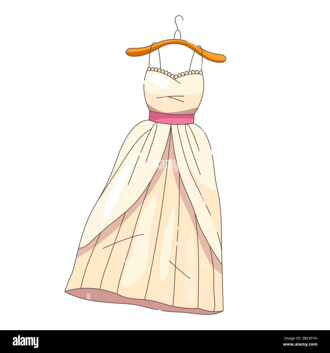 Abito da sposa. Abito nuziale vettoriale per cerimonie o festeggiamenti. Elemento biglietto d'auguri con pizzo e tessuto. Amore e romantico, simbolo femminile. Donna, segno della principessa. Matrimonio e ricamo. Illustrazione Vettoriale