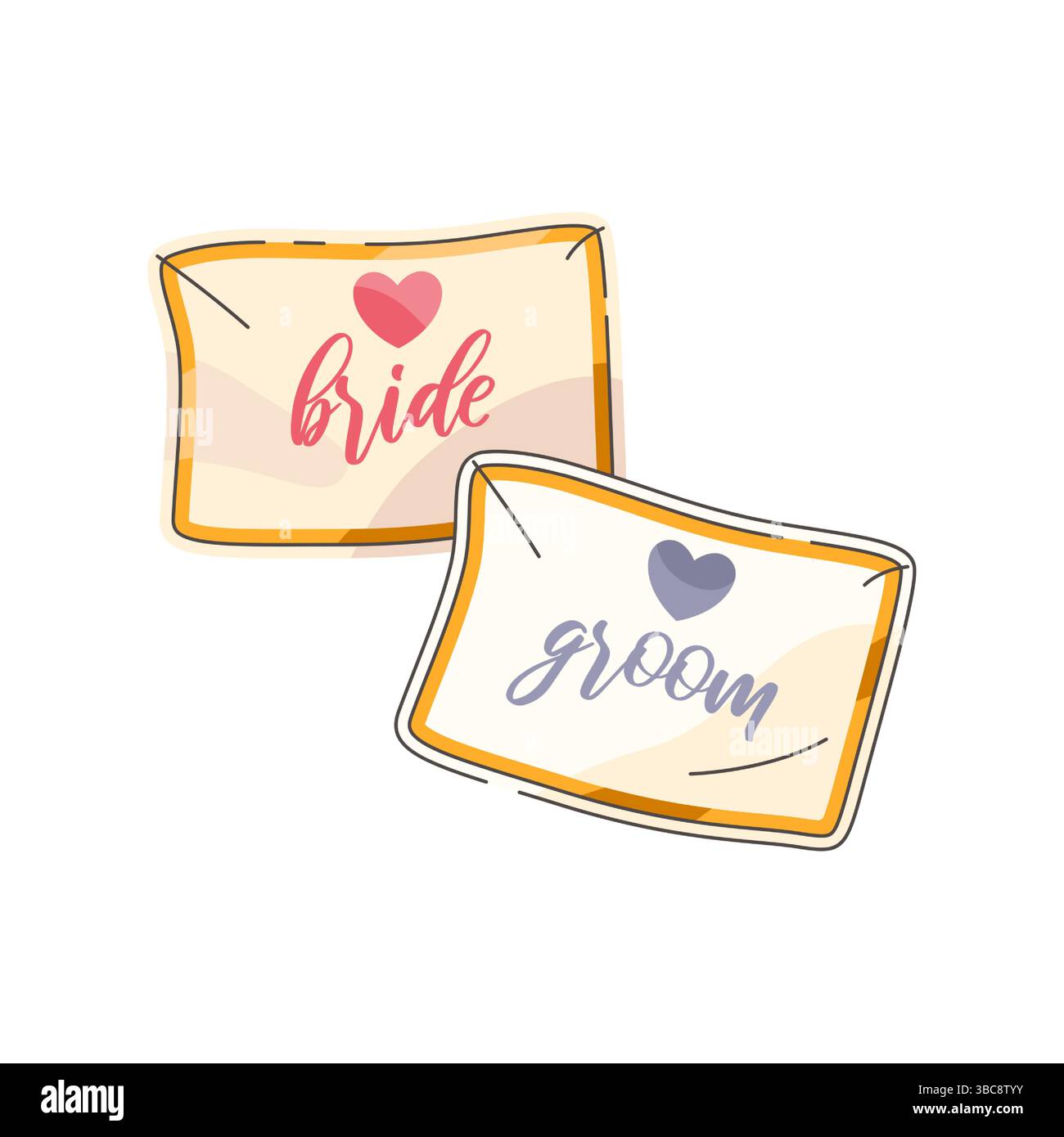 Biglietti d'invito per matrimoni con scopa e testo della sposa. Elemento decorativo vettoriale per l'invito al matrimonio o il biglietto d'auguri. Annuncio della celebrazione nuziale o della cerimonia nuziale. Vacanza romantica e amore. Illustrazione Vettoriale