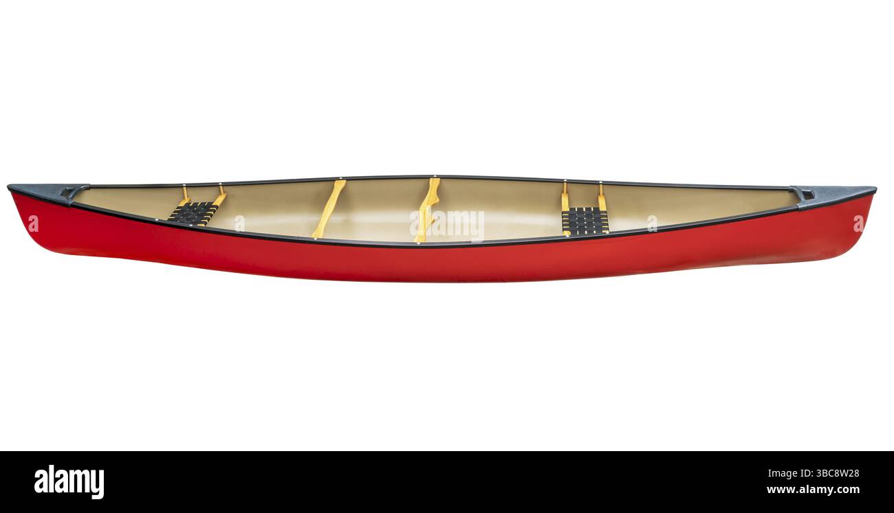 Canoa tandem rossa con sedili in legno isolati sul bianco con un sentiero di ritaglio, vista laterale Foto Stock Canoa tandem rossa con sedili in legno isolati sul bianco con un sentiero di ritaglio, vista laterale Foto Stock