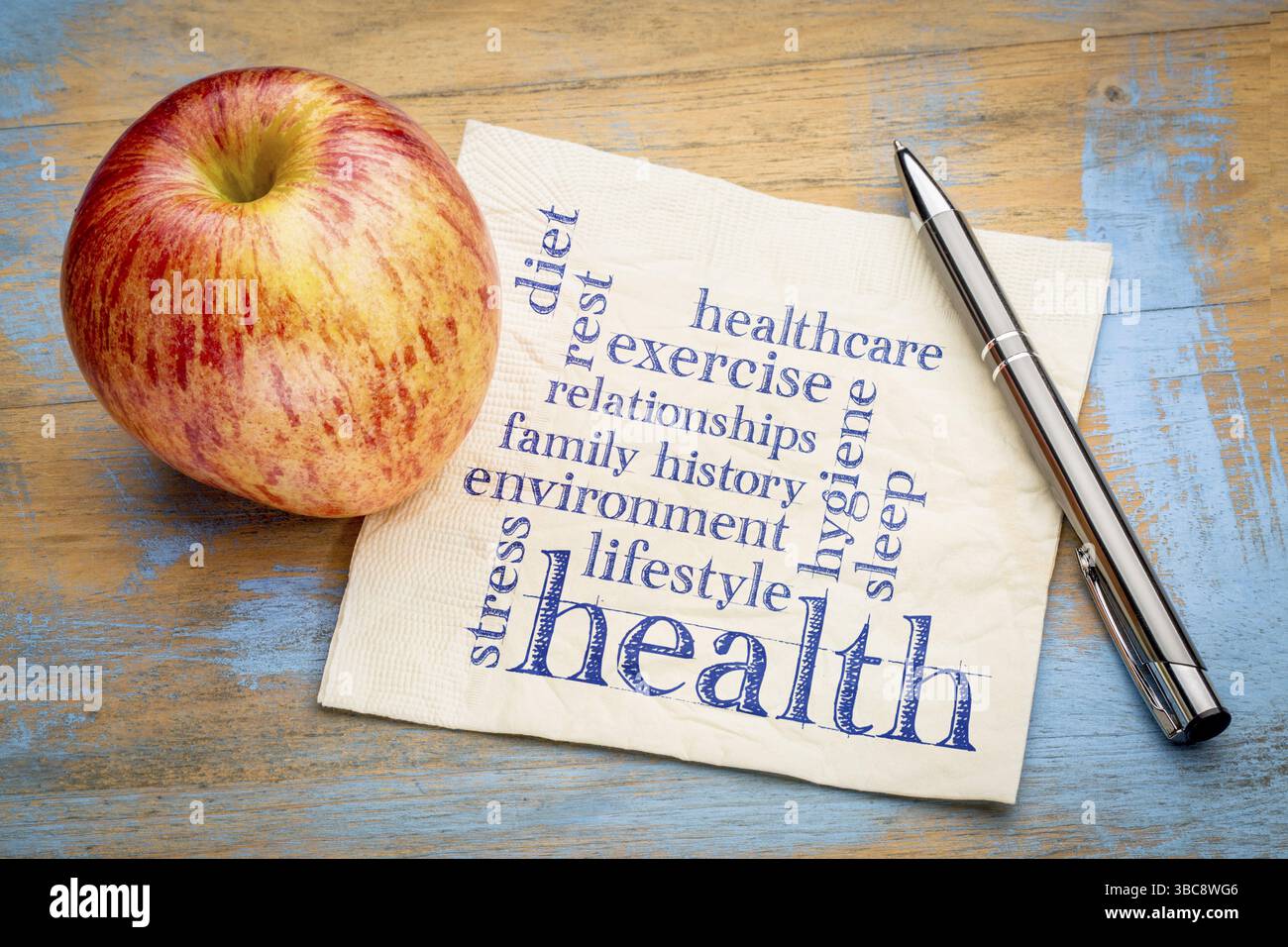 Concetto di salute - nuvola di parole di fattori che contribuiscono (dieta, stile di vita, assistenza sanitaria, storia familiare, ambiente, esercizio fisico, stress, relazioni, sonno Foto Stock